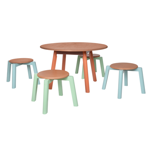 COLORED SOLID PLAY TABLE AND STOOLS