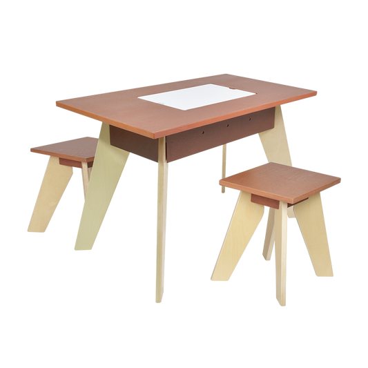 COLORED PLYWOOD PLAY TABLE AND STOOLS