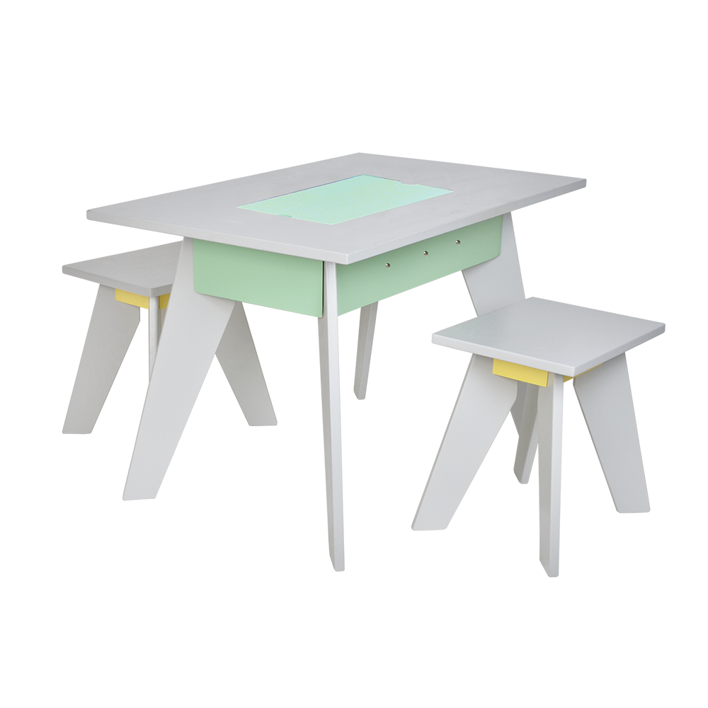 COLORED PLYWOOD PLAY TABLE AND STOOLS